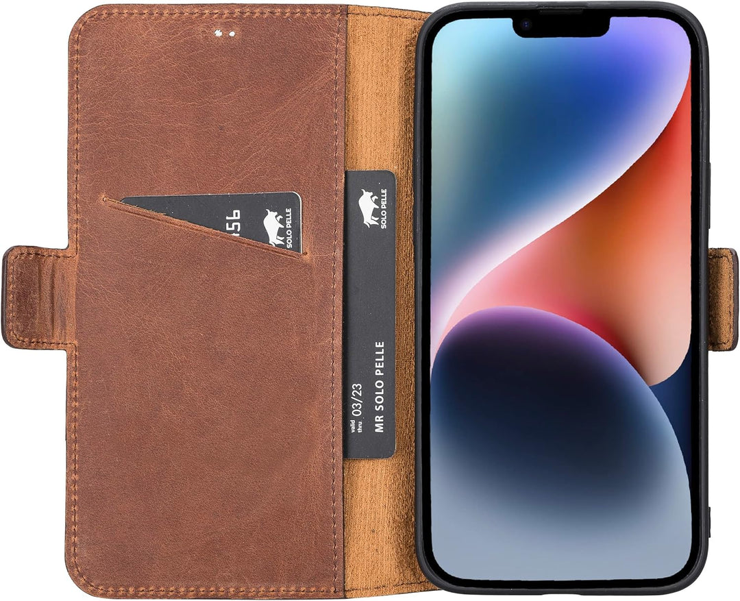 Solo Pelle aufklappbare Lederhülle kompatibel für iPhone 14 Plus in 6.7 Zoll inkl. 1 Kartenfach für