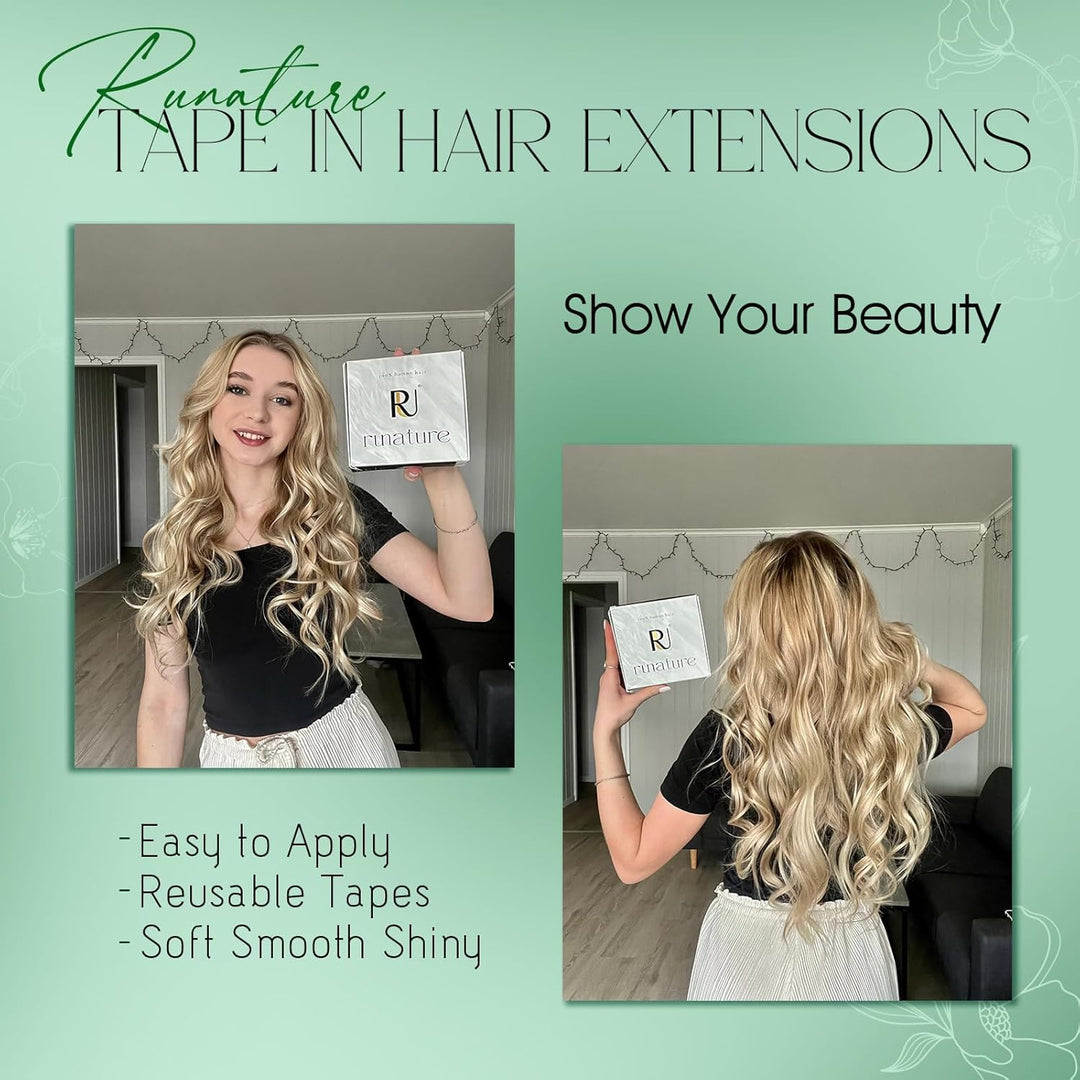 RUNATURE Blond Echthaar Tape in Extensions Dunkelblond mit Platinblond Haarverlängerung Tape in Echt