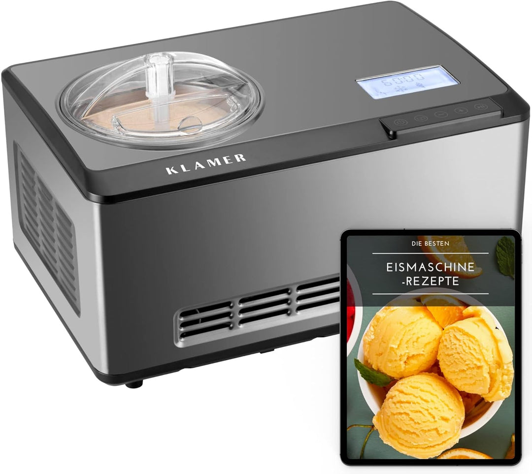 KLAMER 2-in-1 Eismaschine & Joghurtbereiter 2 L, 180 W Eiscrememaschine aus Edelstahl mit Kühl- und