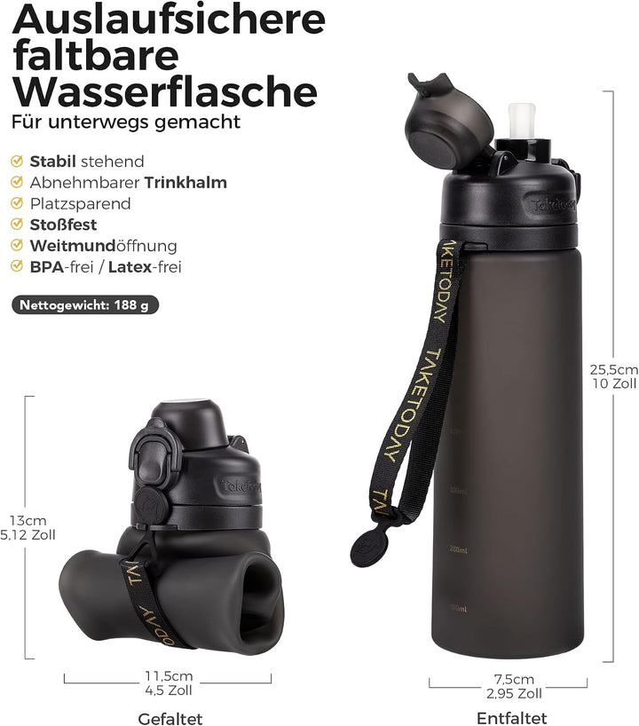 TakeToday Faltbare Trinkflasche 600 mL, zusammenklappbare Wasserflasche aus Platin-Silikon mit Stroh