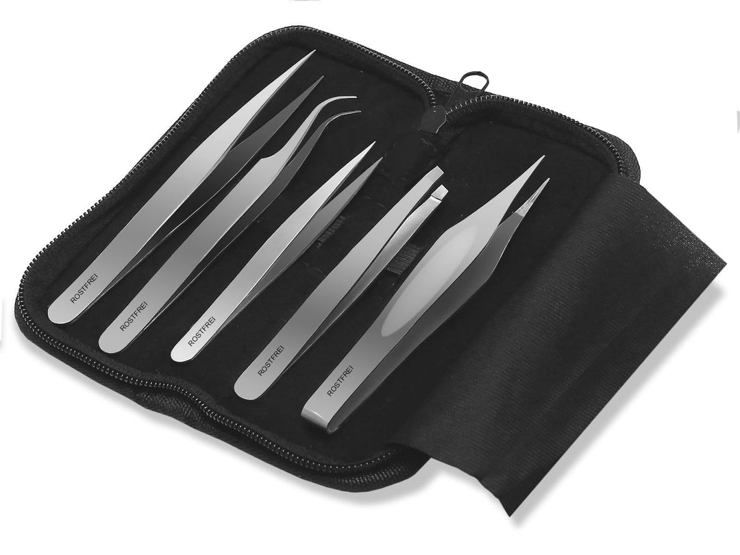 PREMIUM Pinzetten-Set Spitz-Pinzette Splitterpinzette Edelstahl + Aufbewahrungs-Etui