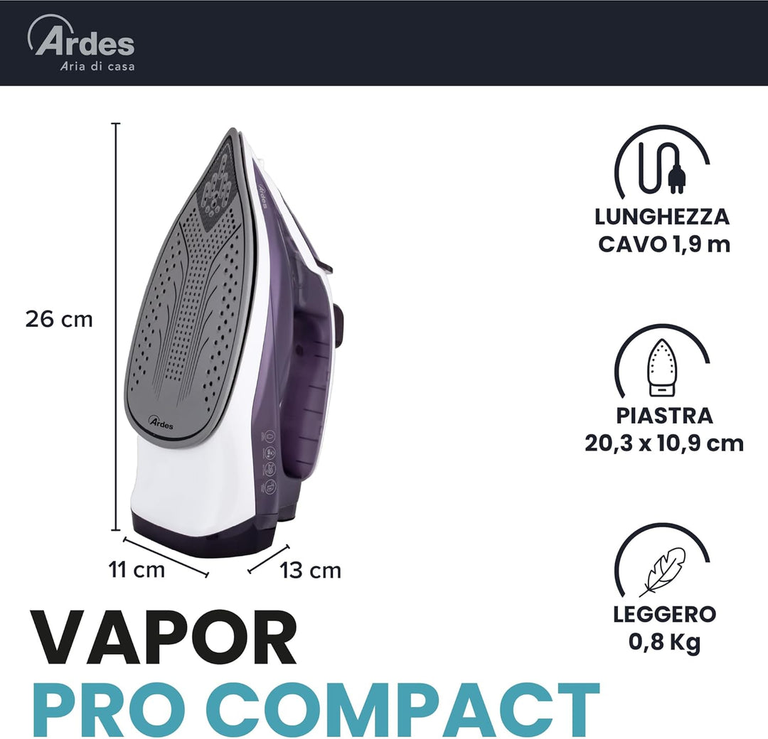 ARDES ARSTIR01W Vapor Pro COMPACT Ferro da Stiro a Vapore, 2000 W, Serbatoio 0.20 Litri, Colpo Vapor