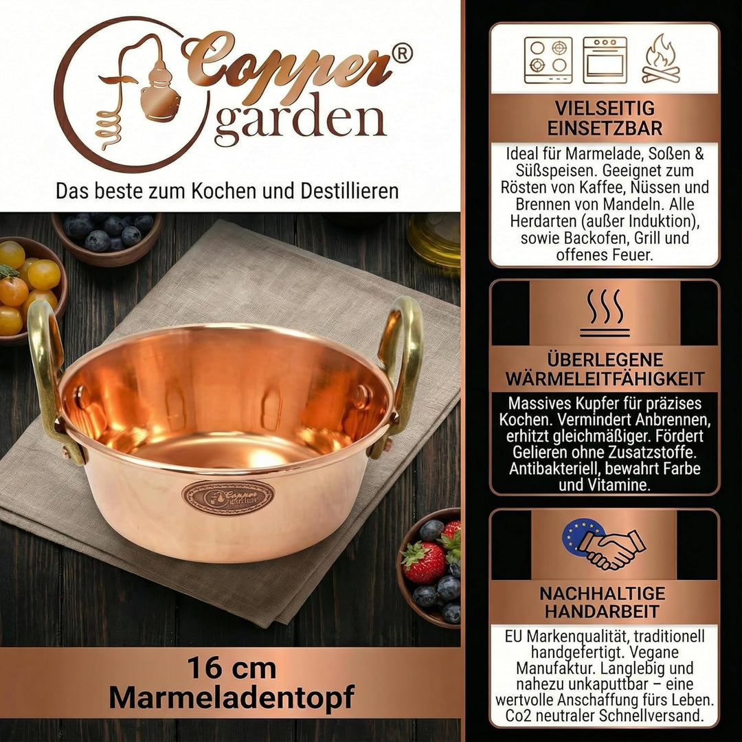CopperGarden Sossen- & Marmeladentopf 1,2 Liter I Kochtopf aus Kupfer mit 16 cm Durchmesser I handli