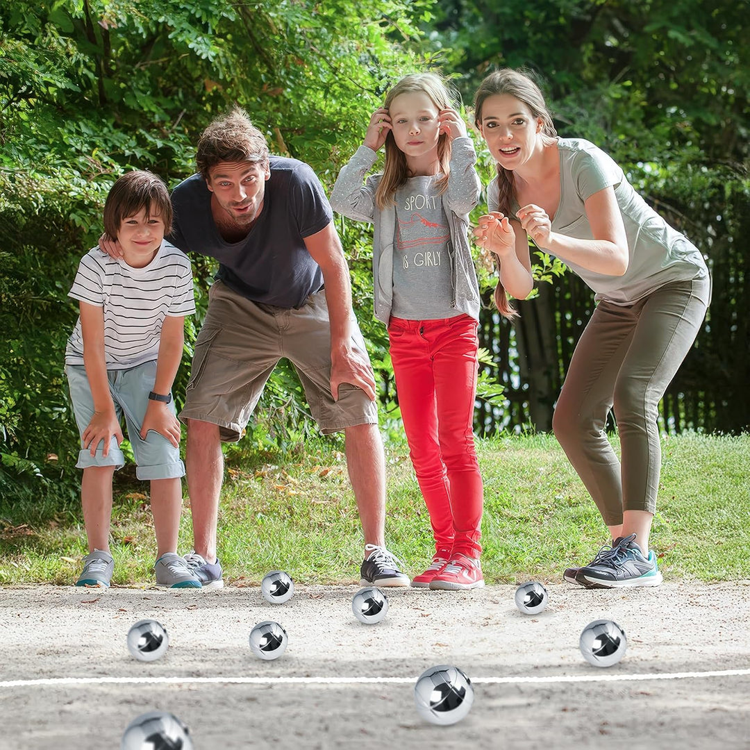 Homewit Boule Set mit 8 Metallkugeln Ø 73 mm, je 720 g | 4 Linienmuster, 2 Holzkugeln, 2 Abstandsmes