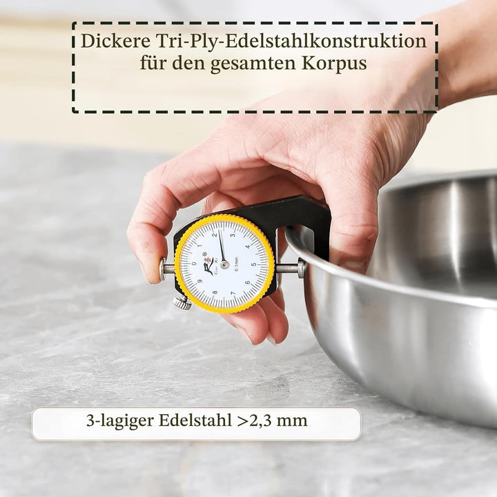 Dreilagige Edelstahl Bratpfanne mit Deckel 30cm,Edelstahlpfanne Unbeschichtet,Induktions Pfanne,Hoch