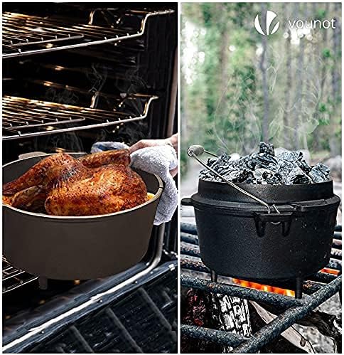 VOUNOT Dutch Oven Set 4.25 Liter, Eingebrannter Feuertopf aus Gusseisen für Garten Lagerfeuer Campin