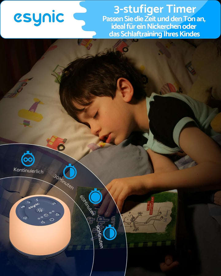 eSynic White Noise Machine Baby Weisses Rauschen Einschlafhilfe LED Stilllicht mit 30 Klänge & 7 Far