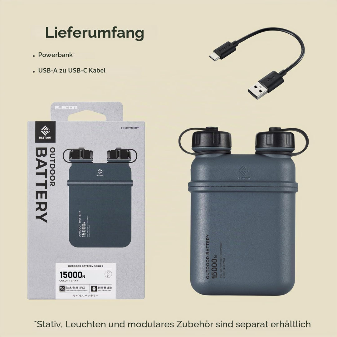 ELECOM NESTOUT Portable Charger, 15000mAh Outdoor Battery Power Bank, 32W USB-C Fast Charging PD, Wa