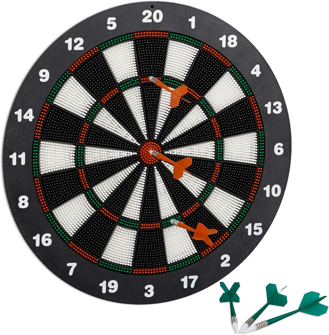 Relaxdays Dartscheibe 42 cm, Softdart Safety Darts, 6 Pfeile, kindgerecht, Standfuss Sicherheits-Dar
