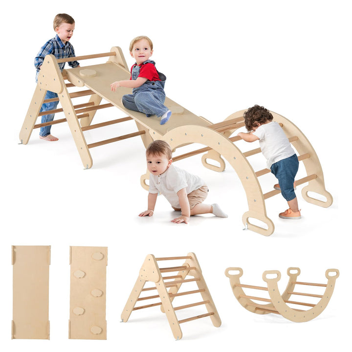GOPLUS Klettergerüst Indoor, 4 in 1 Kletterdreieck & Kletterbogen & Leiter & Rutsche, Sprossendreiec