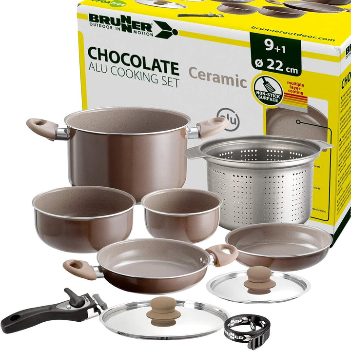 BRUNNER: Camping Kochgeschirr-Set Keramik (Töpfe und Pfannen) – ø 20 oder 22-cm Chocolate - 4 Person