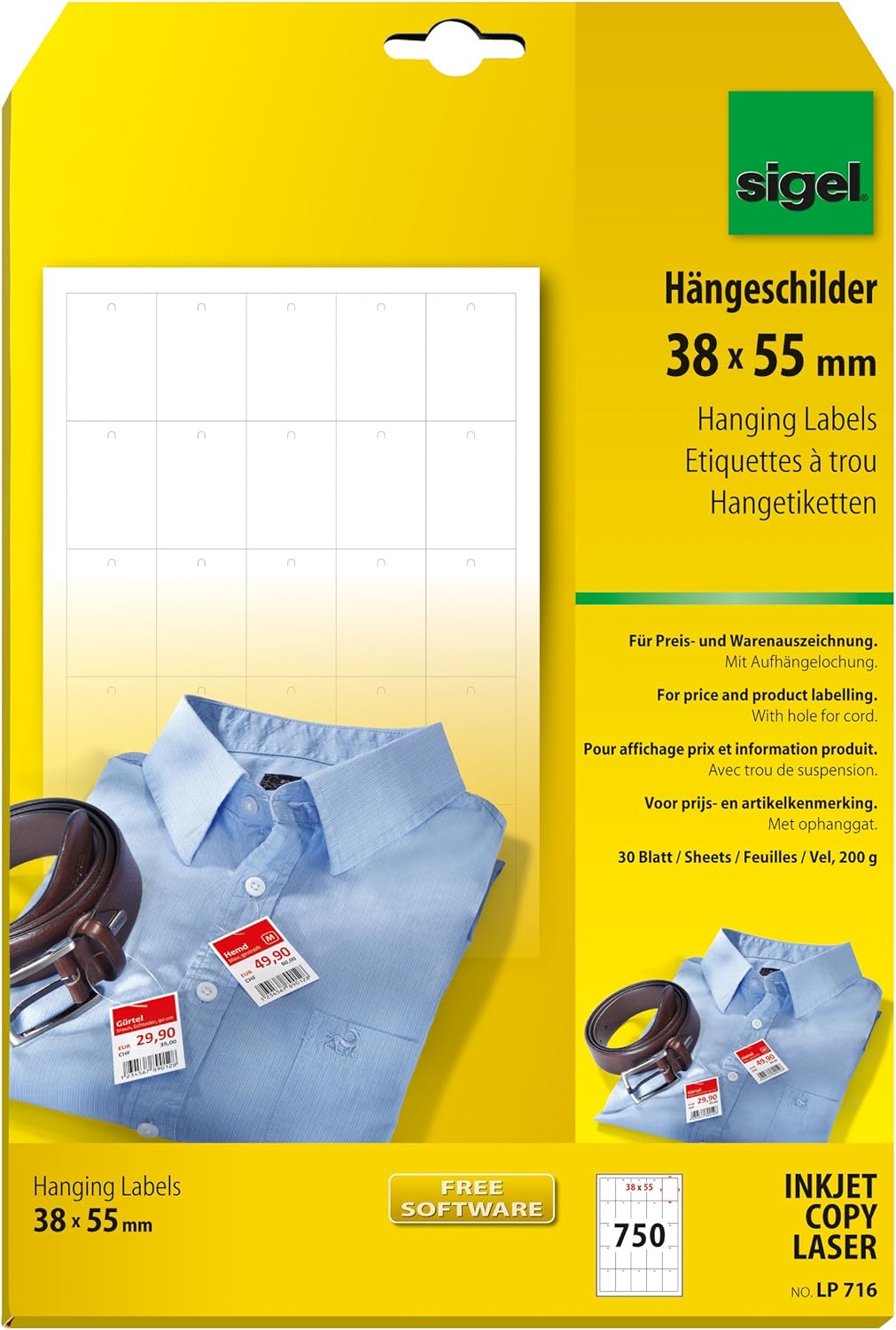 SIGEL LP716 Warenanhänger weiss, mit Aufhängeloch (A4, 38x55 mm) 750 Stück 38x55 mm / 750 Stück, 38x