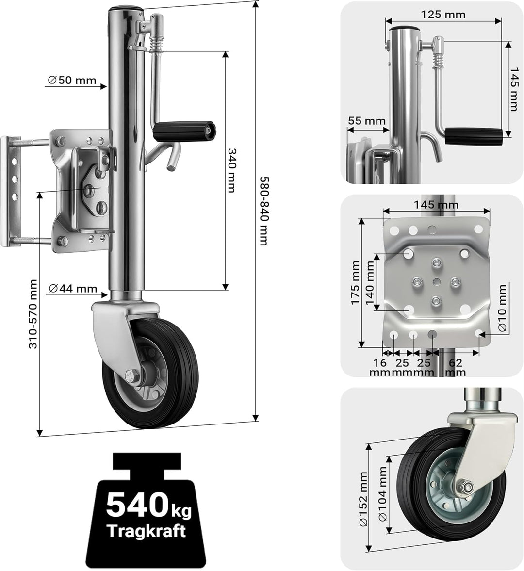 XPOtool Schwerlast Stützrad bis 540 kg, Anhängerstütze mit bis zu 260 mm Hubhöhe, Stützlast Bugrad m