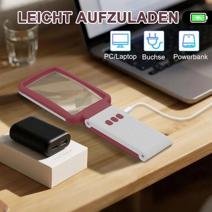 10X Lupe mit Licht und Ständer, Echtglaslinse Leselupe, Wiederaufladbare, Faltbare Grosse Handlupe,