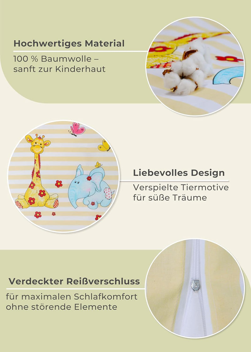 Gräfenstayn® 2-tlg. Kinderbettwäsche Set mit Tiermotiv und integriertem Reissverschluss - aus 100% B