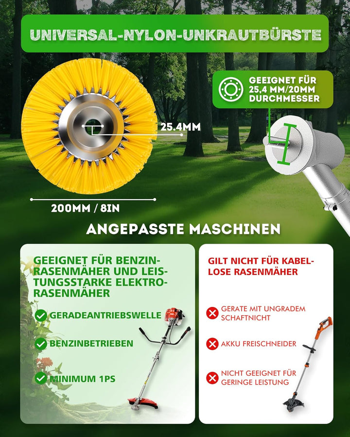 LADAMI Unkrautbürste Wildkrautbürste 200 mm x 25,4 mm, Nylon-Borsten, Nylonbürste,für Rasentrimmer,