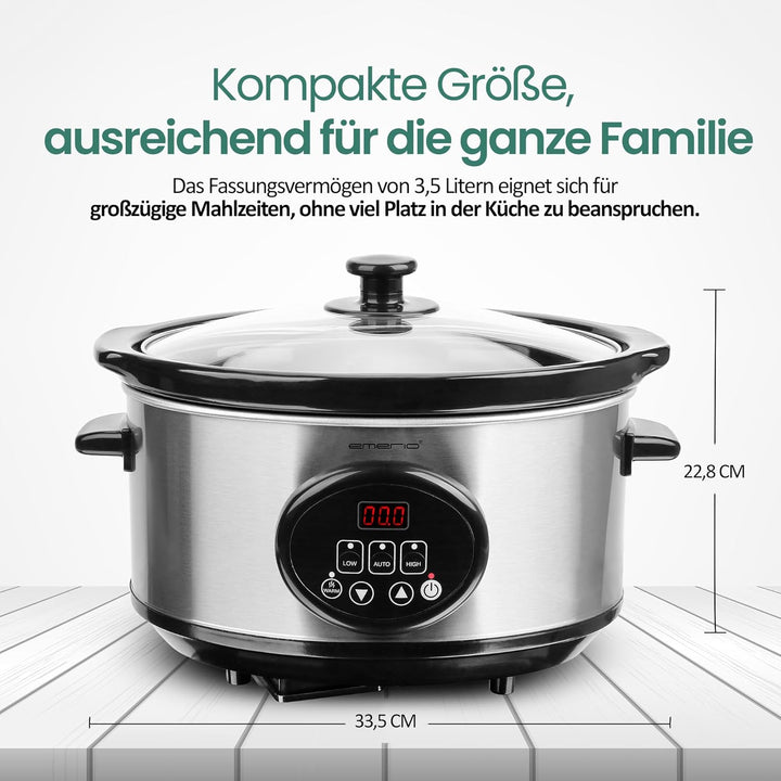EMERIO Schongarer - Slow Cooker | 3,5L Innentopf aus Keramik (entnehmbar) | 3 Temperaturstufen | Dis