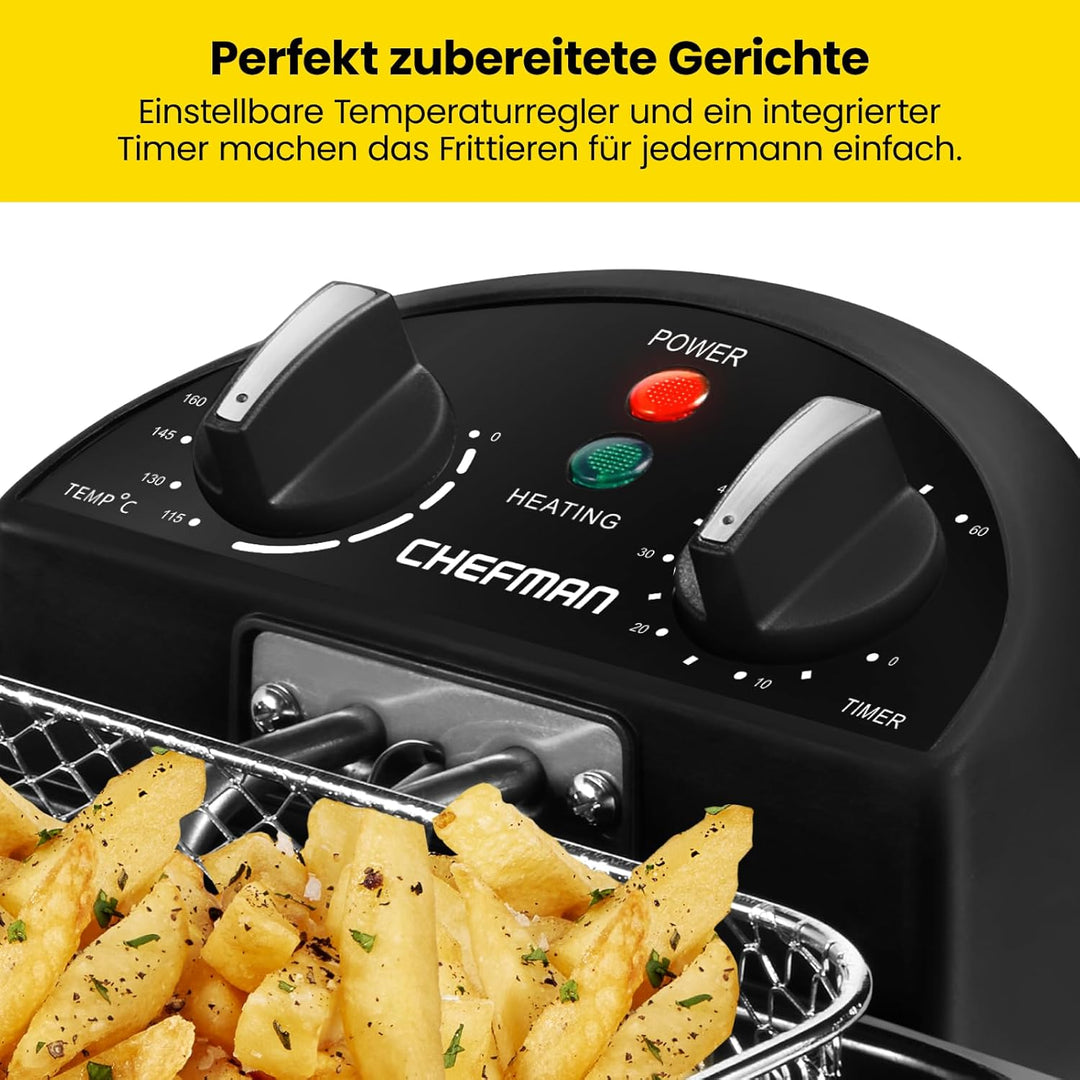 Chefman 4,3 Liter Fritteuse mit Sieb, XL Jumbo Grösse, Einstellbare Temperatur & Timer, Perfekt für