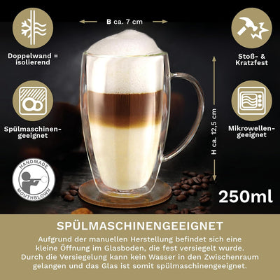 Creano doppelwandiges Thermoglas mit Henkel 250ml, grosses Doppelwandglas aus Borosilikatglas, Kaffe