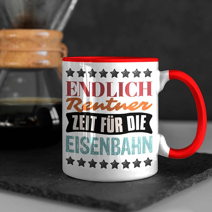 Trendation - Eisenbahner Tasse Geschenk für Modelleisenbahn-Fans Geschenkidee Endlich Rente Zeit für