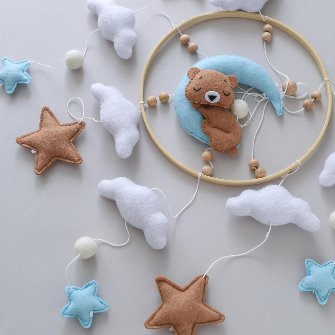 Baby Mobile Babybett Schlafbär, handgemachtes Babymobile mit Bär, Mond und Wolken, Mobile für Babybe