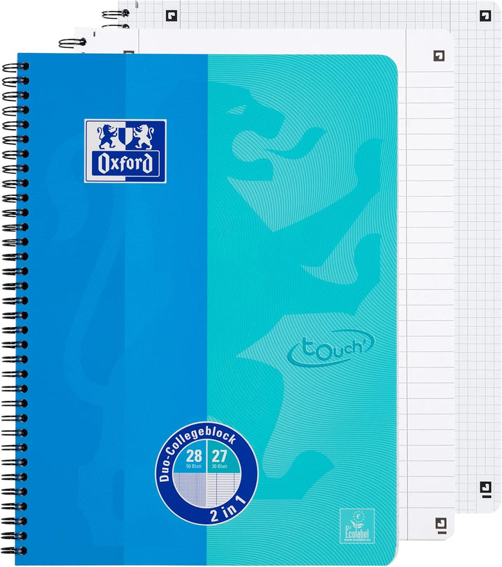 Oxford Touch Collegeblock Duo A4 kariert und liniert, 80 Blatt, blau, 3 Stück, Blau