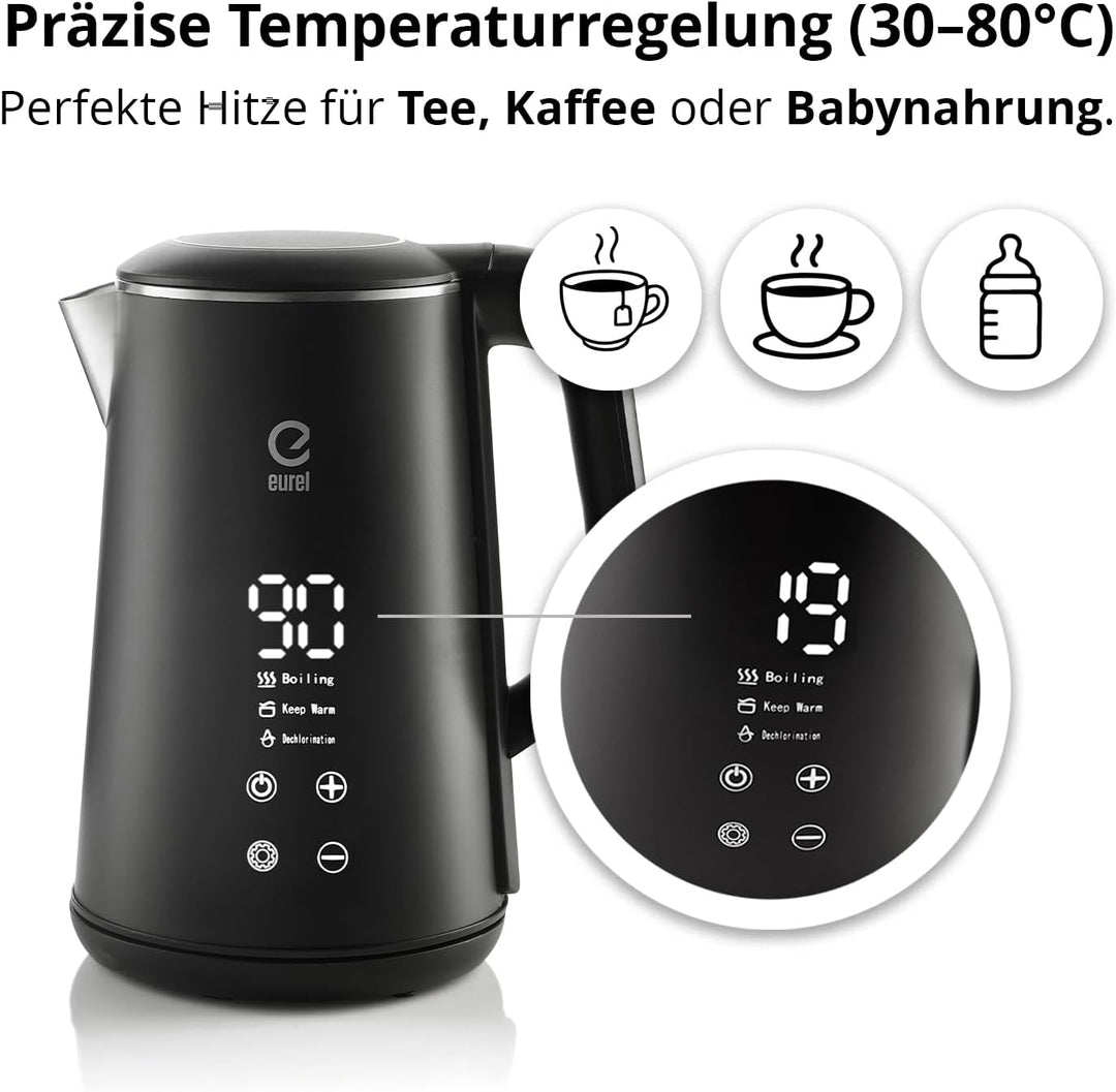 EUREL GV74 Wasserkocher, 1,6L Edelstahl, Schwarz | Temperatureinstellung, LED-Touch-Display, Tempera