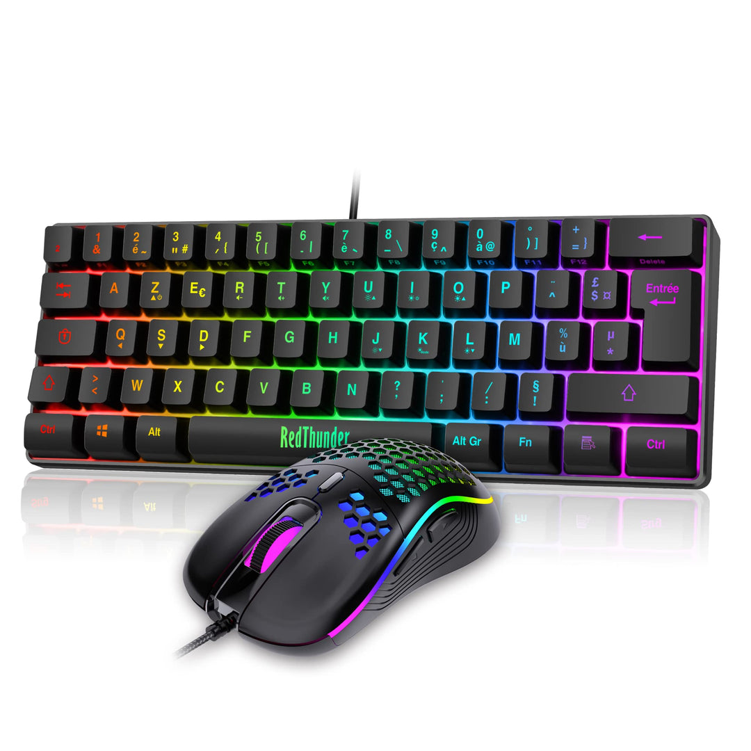 RedThunder 60 % Set mit Tastatur und Maus, 2-in-1, französische AZERTY, Mini-Tastatur, ultra-kompakt