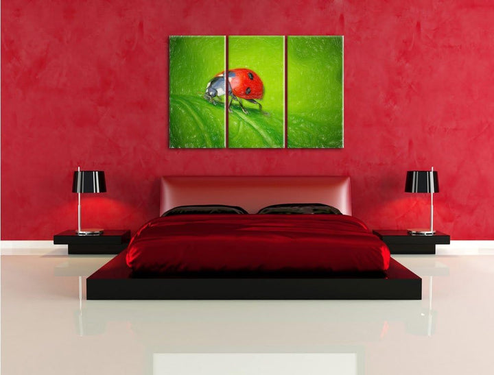 Pixxprint Marienkäfer auf Blatt / 3-Teilig/Gesamtmass 120cm Leinwandbild bespannt auf Holzrahmen/Wan