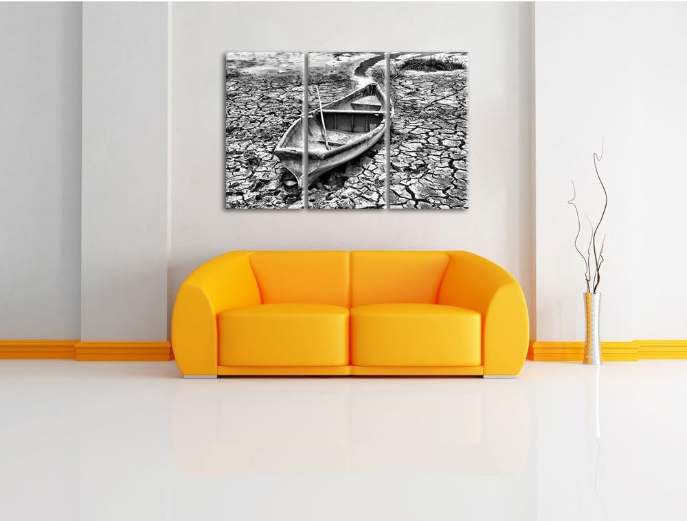 Pixxprint Monocrome, Boot in der Dürre 3-Teiler Leinwandbild 120x80 Bild auf Leinwand