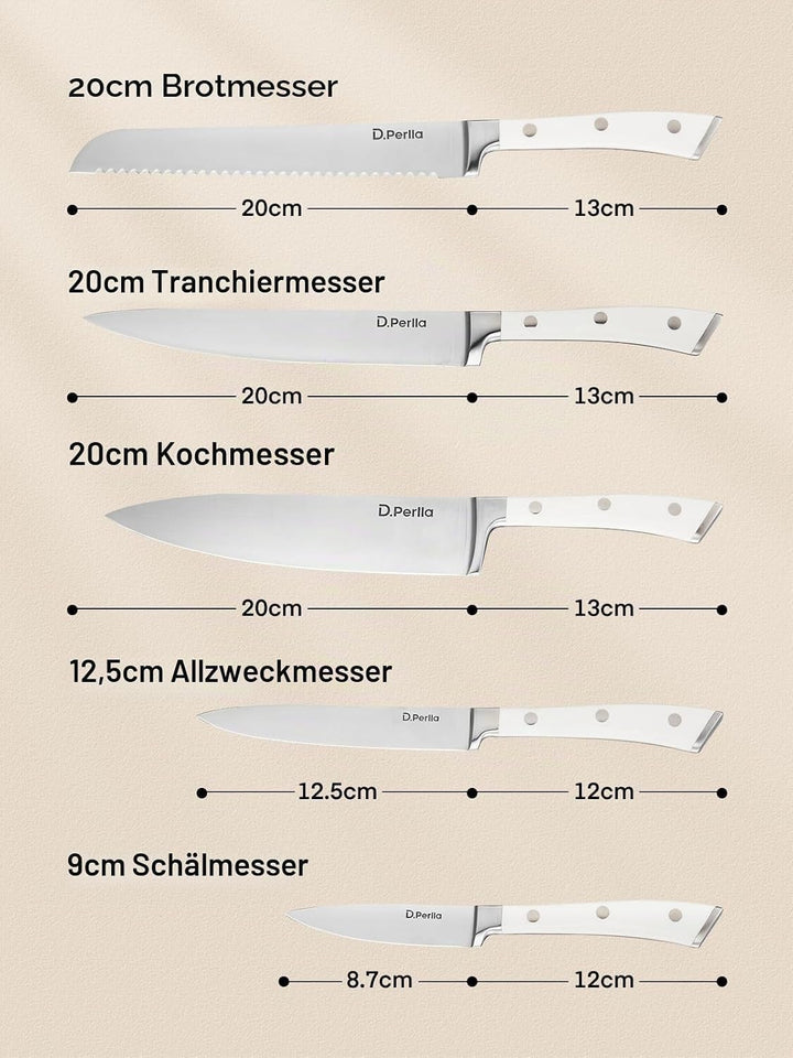 D.Perlla Messerblock Set 6 teilig Messerset mit Holzblock Küchenmesser Set mit Scharfe Klingen, Edel