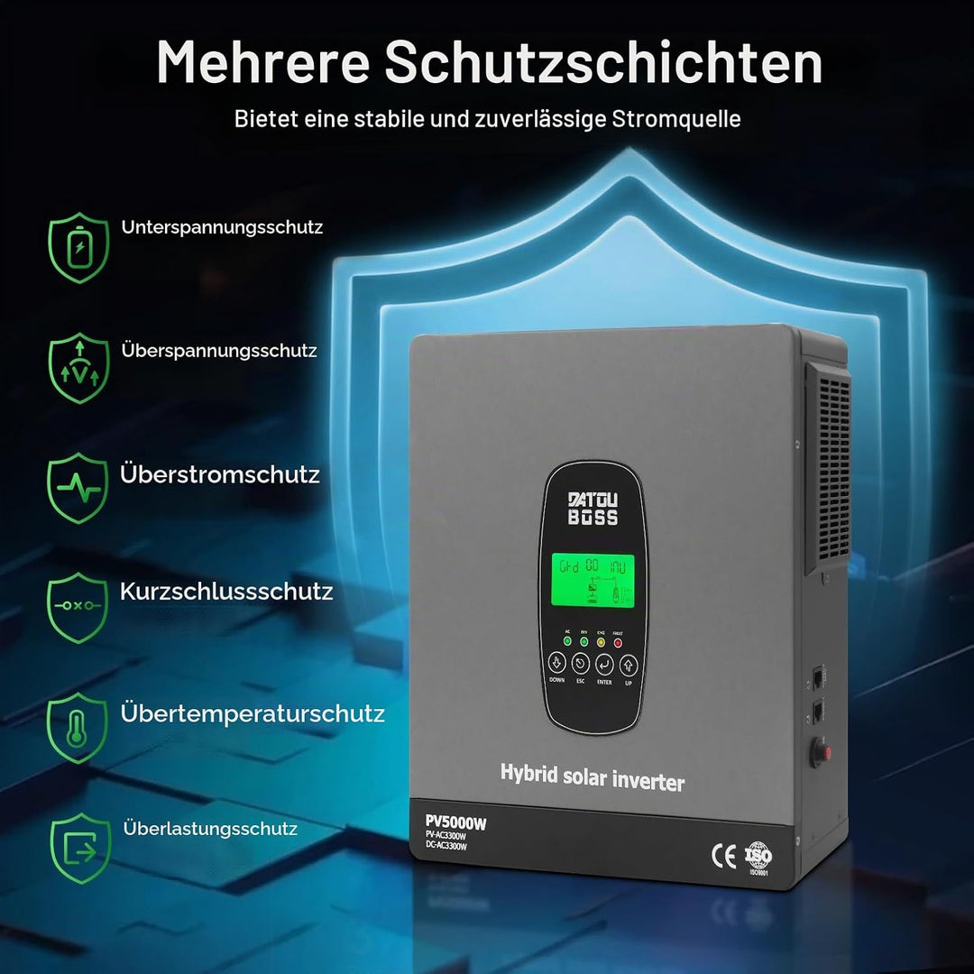 DATOUBOSS 3300W Hybrid Solar Wechselrichter 24V Reiner Sinus, 24V DC auf 230V AC Inverter mit MPPT L