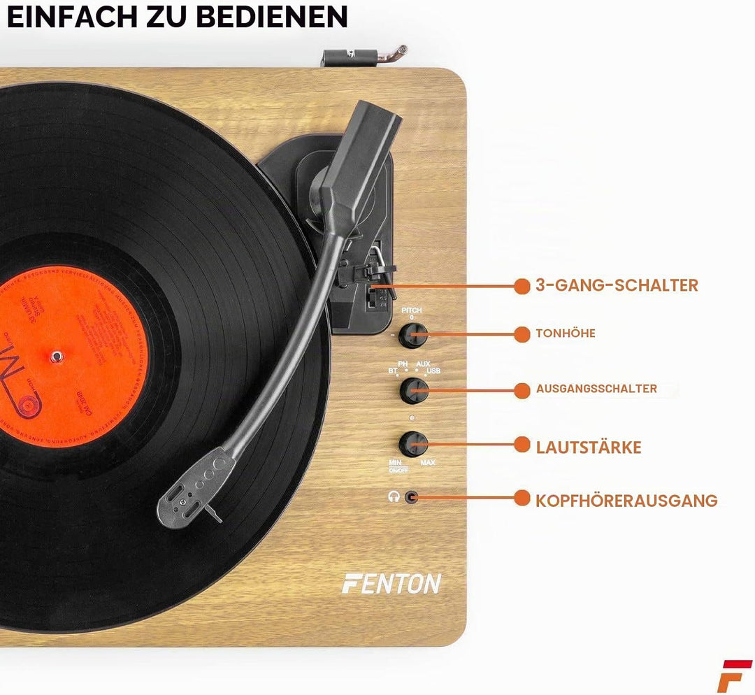 Fenton RP162LW Schallplattenspieler Bluetooth Plattenspieler mit Lautsprecher, Pitch Control, MP3, R