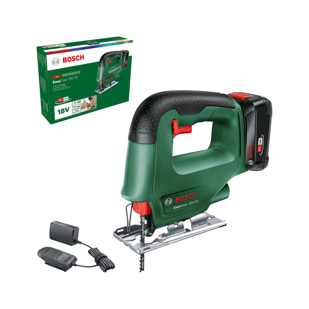Bosch Akku Stichsäge EasySaw 18V-70 (2,0 Ah Akku, 18 Volt System, mit 1 Stichsägeblatt, Ladegerät AL