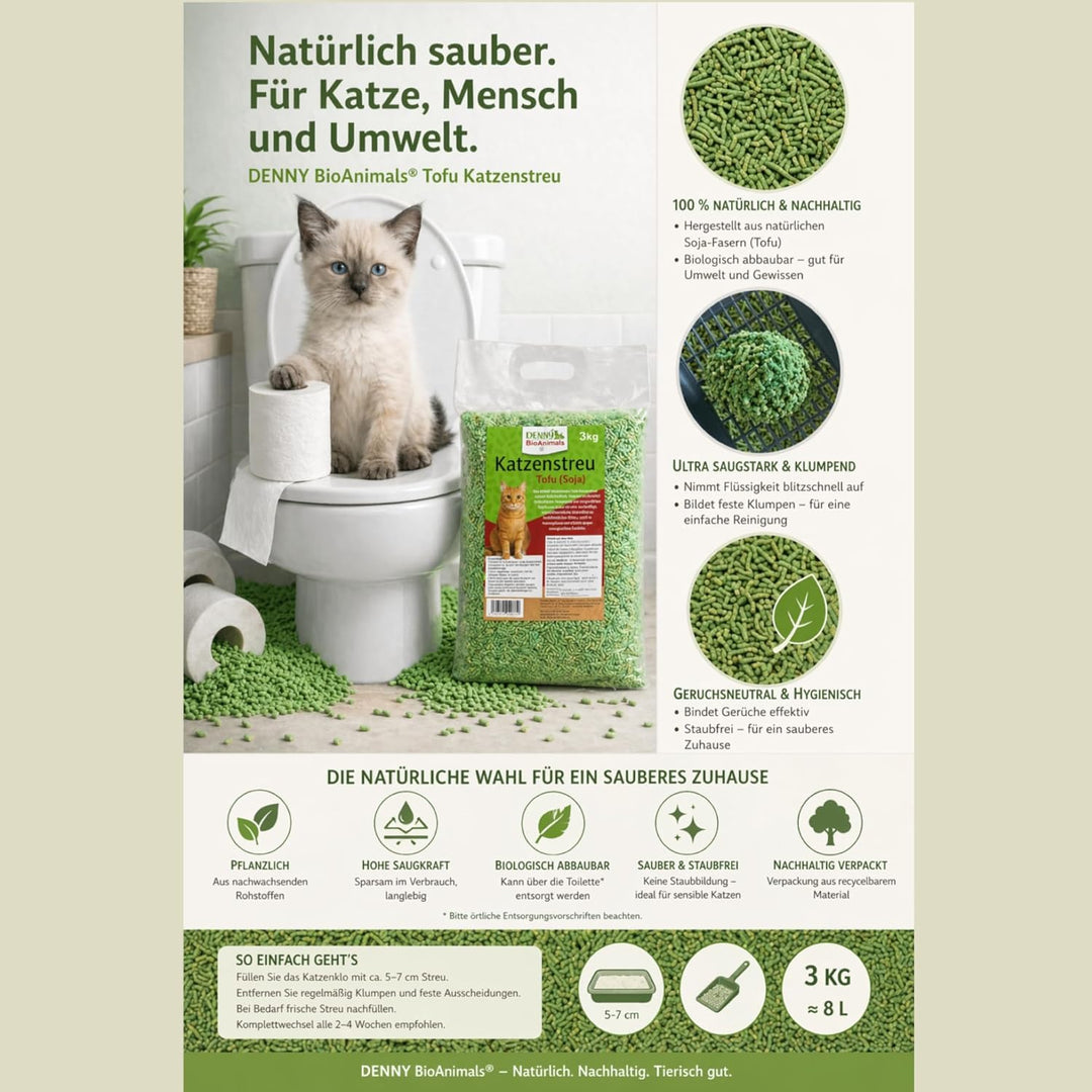 Tofu Katzenstreu 9 kg (3 Säcke je 3 kg), 24 L, – 100% natürlich &amp; biologisch abbaubar – Ultra saugst