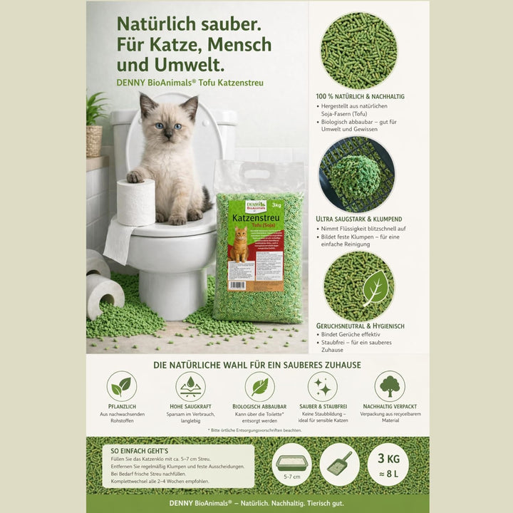 Tofu Katzenstreu 9 kg (3 Säcke je 3 kg), 24 L, – 100% natürlich &amp; biologisch abbaubar – Ultra saugst