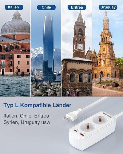 Adapter Italien Steckdose mit PD20W USB Schnellladegerät, Italien Stecker Adapter, 2-Fach Steckdosen