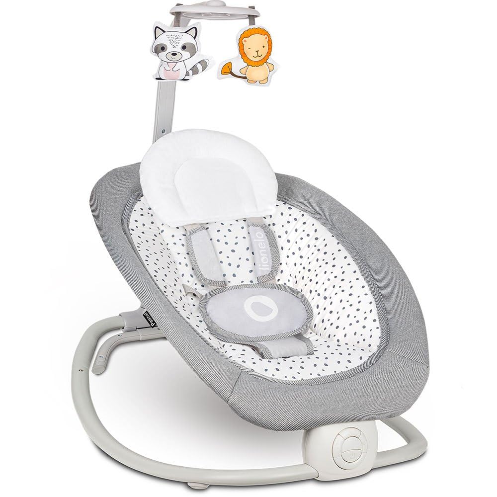 LIONELO Pascal Baby Wippe, sanfte Vibrationen, 5 Melodien, Spielzeugkarussell mit interaktiven Plüsc