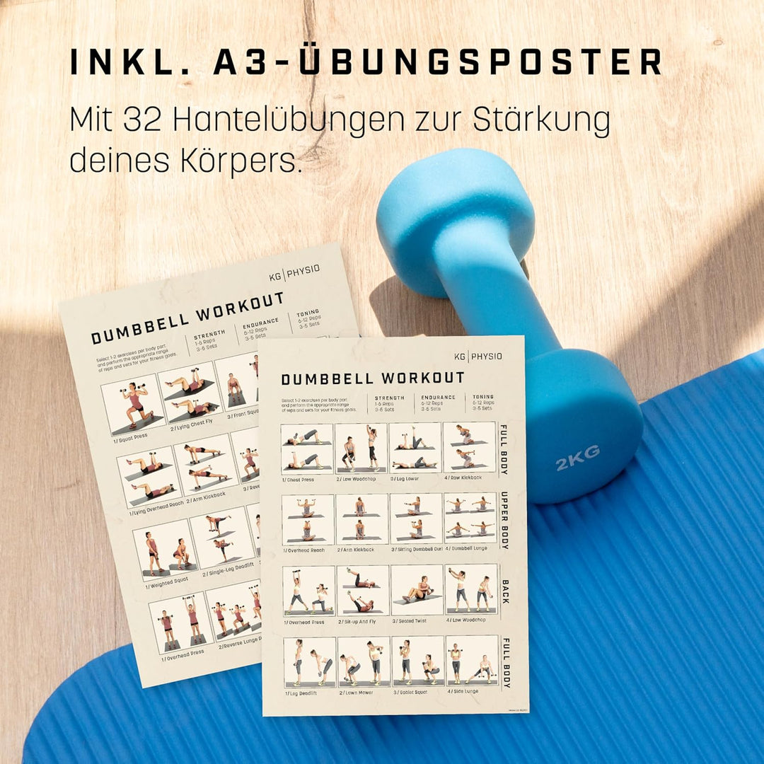 KG Physio Hantelset mit A3-Übungsposter - Neopren Kurzhanteln 2er Set - Fitness Gewichte aus Gusseis