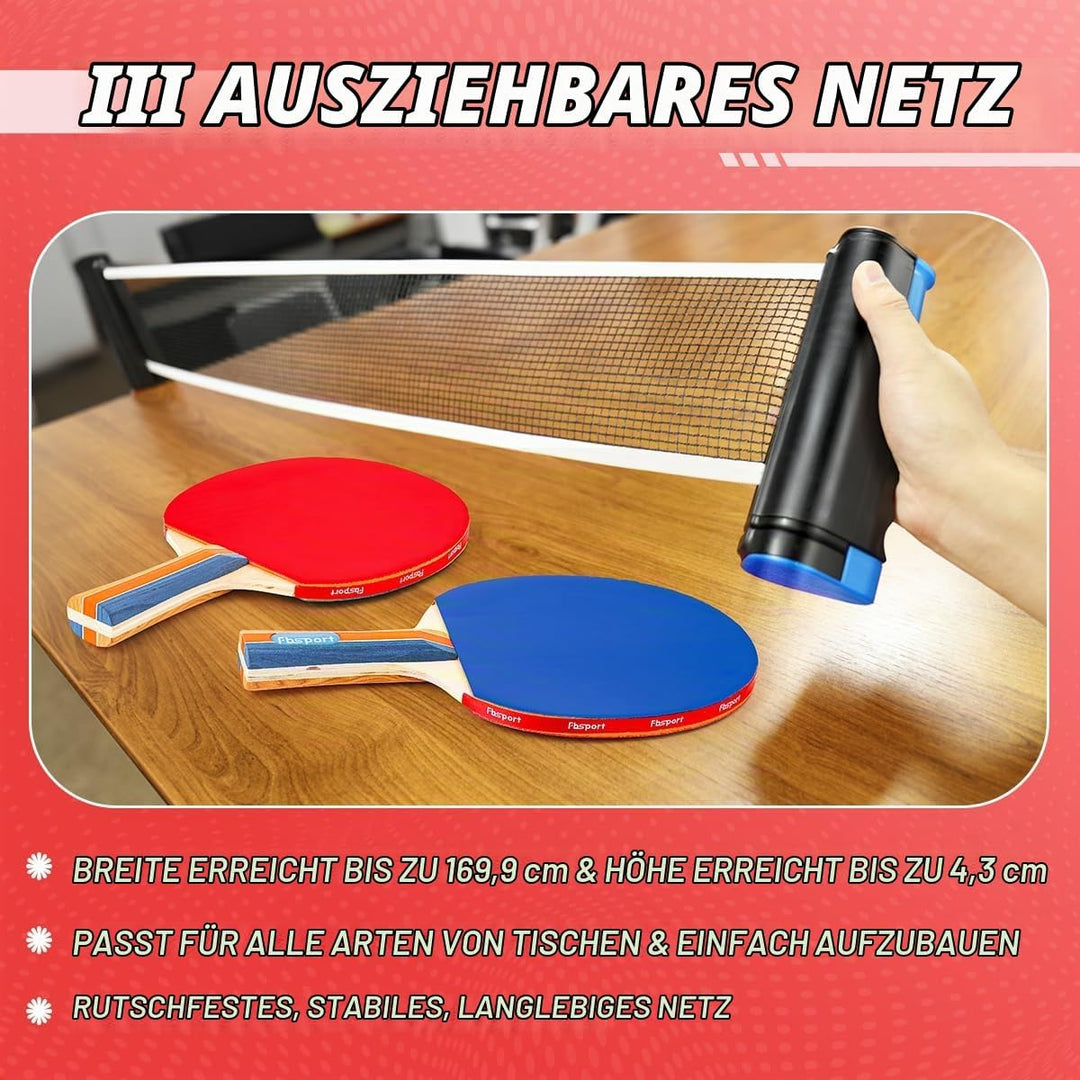Tischtennisschläger Set Profi, Tischtennis Set mit 4 Schläger, Einziehbarem Netz, 8 Tischtennis Bäll