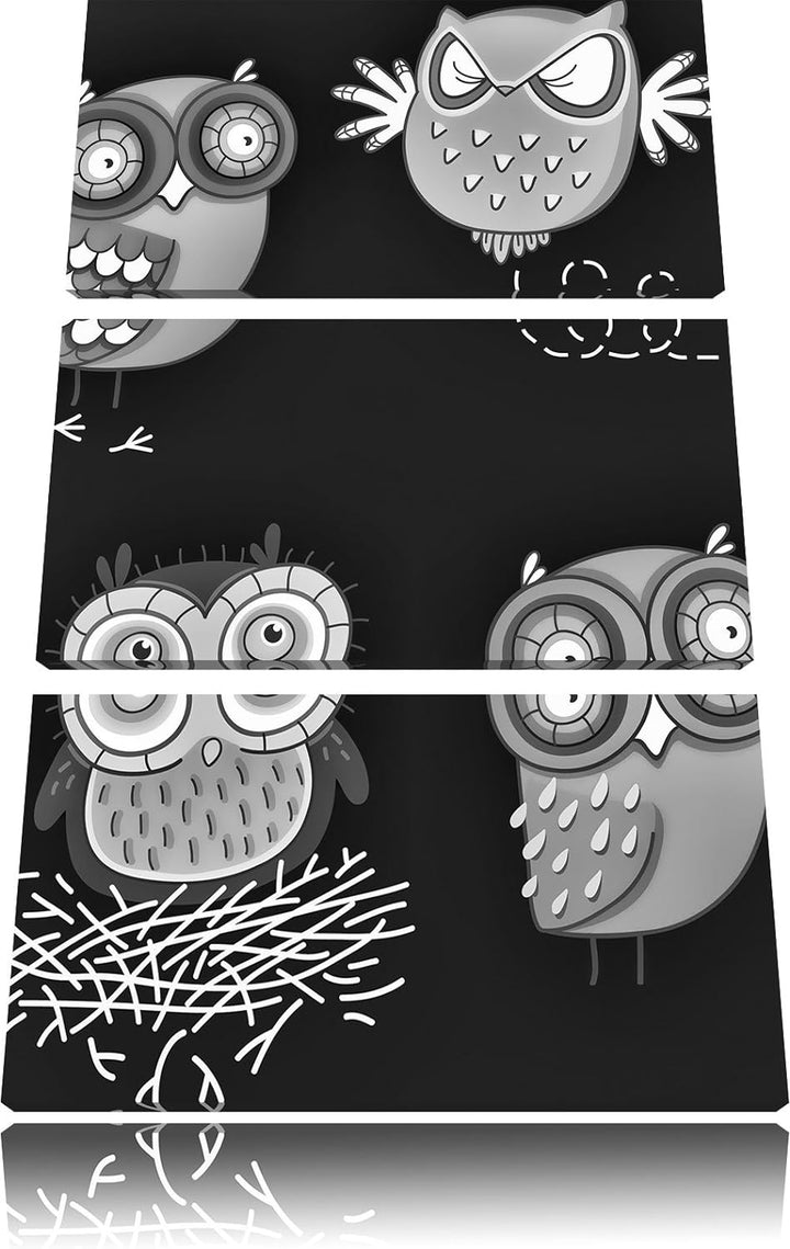 Pixxprint Verrückte Eulen für Kinder als Leinwandbild/Grösse: 3 Teilig (120x80) cm/Wandbild/Kunstdru