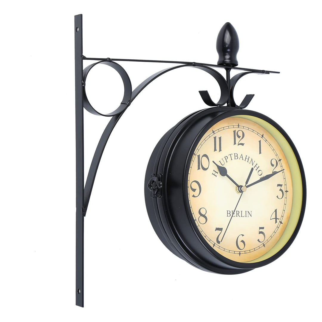 Samger Samger Doppelseitige Uhr Garten Zug Bahnhof Wanduhr mit Halterung (Schwarz)