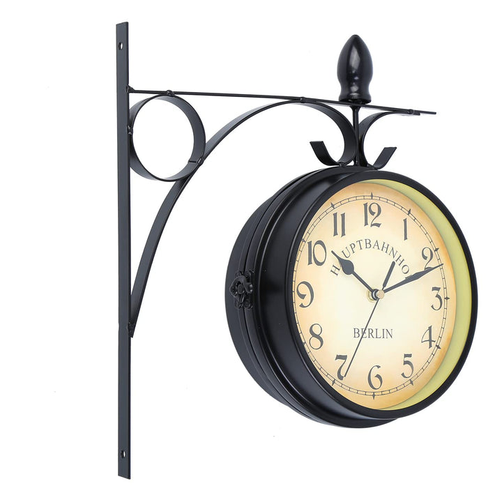 Samger Samger Doppelseitige Uhr Garten Zug Bahnhof Wanduhr mit Halterung (Schwarz)