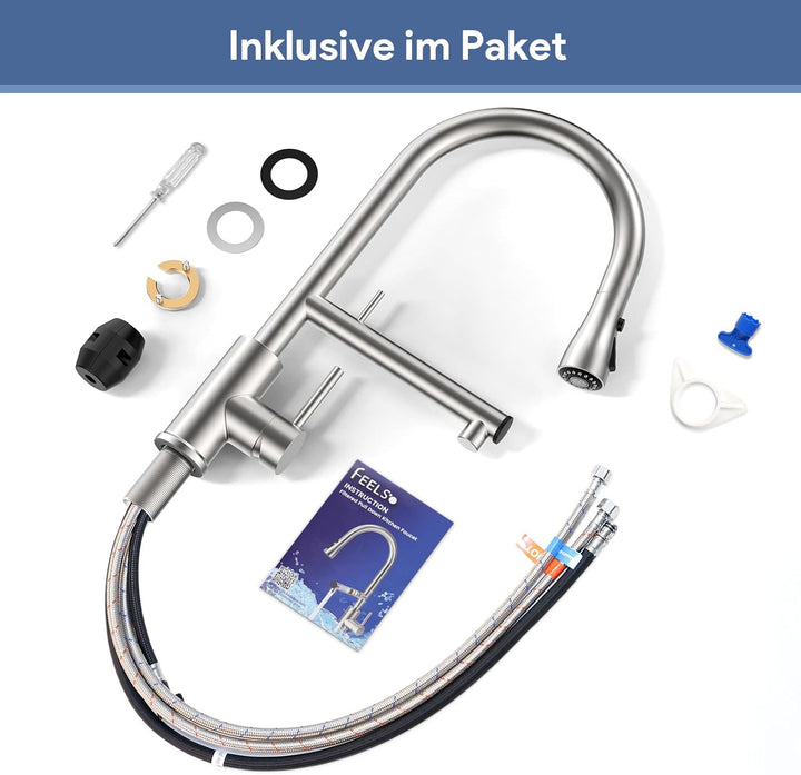 FEELSO Küchenarmatur mit Filter, 2-in-1 Wasserhahn Küche Ausziehbar mit 2 Strahlarten, 360° Drehbare
