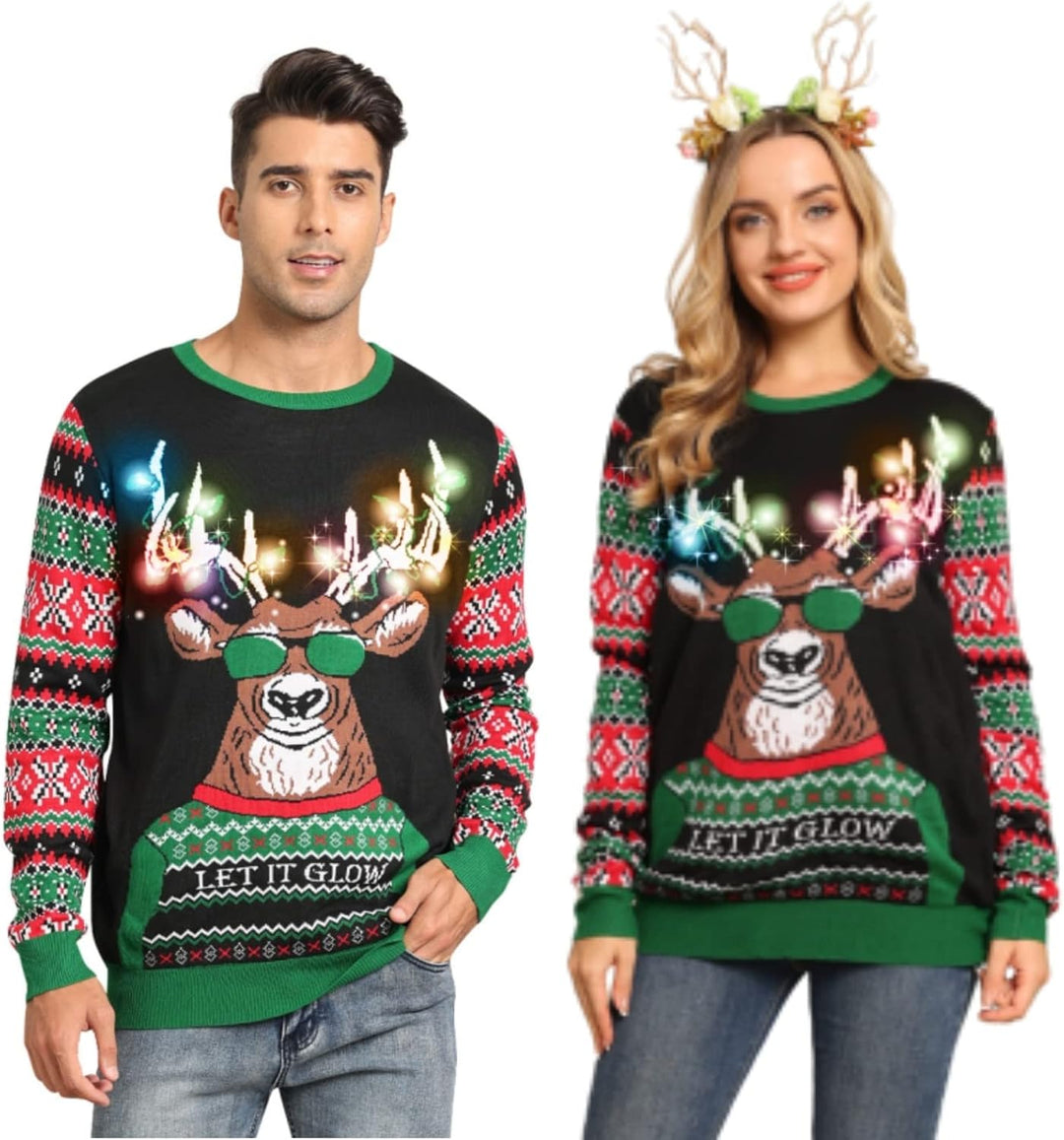 Belovecol Unisex Weihnachtspullover LED Ugly Christmas Sweater Pullover Langarm Strickpullover M Xma