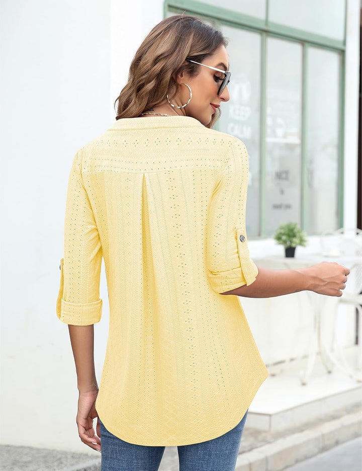 Siddhe Damen V-Ausschnitt Bluse 3/4 Ärmel Tunika mit Reissverschluss Elegant Longbluse Lange Shirt C