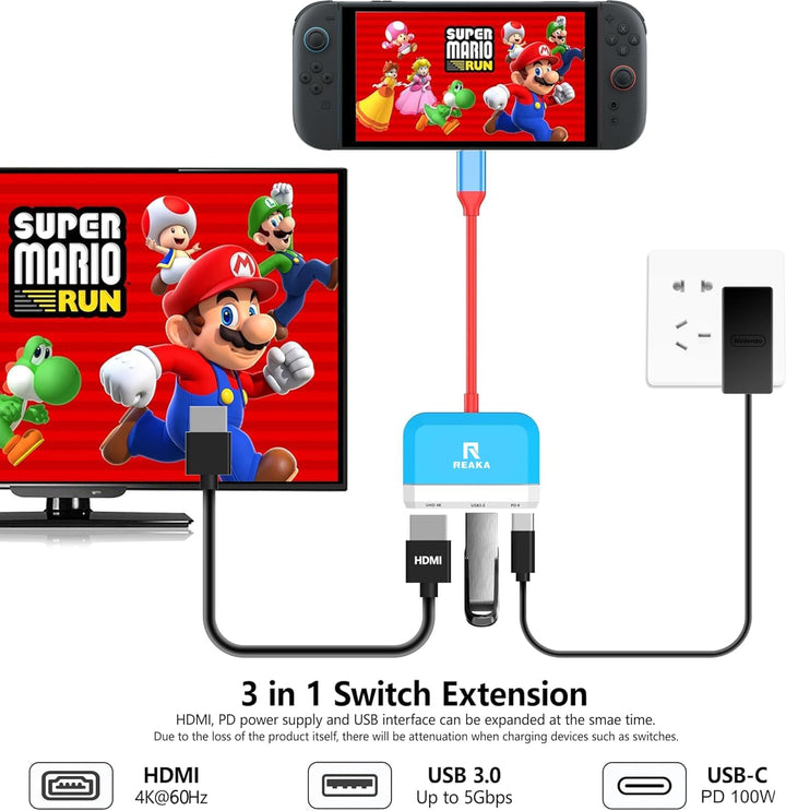 RREAKA Switch 2 Dock Replacement for Nintendo Switch 1&2 Dock, Switch TV Adapter with 4K@60Hz HDMI,