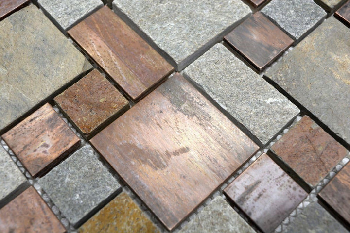 Mosaik Kombination Stein/Kupfer mix Kupfer Metall, Mosaikstein Format: 23x23+23x48+48x48x8 mm, Bogen