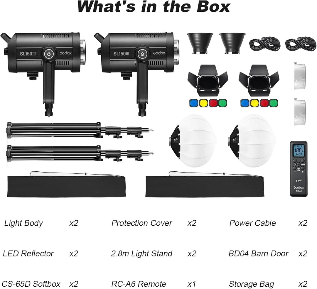 GODOX SL150III LED VideoLeuchte Zwillingsleuchten Set Videolicht mit Original Fernbedienung und Bowe