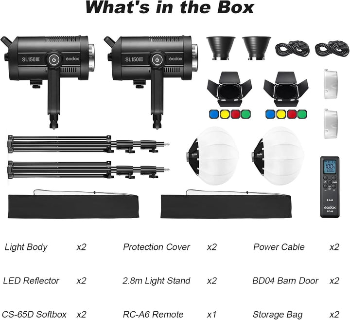 GODOX SL150III LED VideoLeuchte Zwillingsleuchten Set Videolicht mit Original Fernbedienung und Bowe